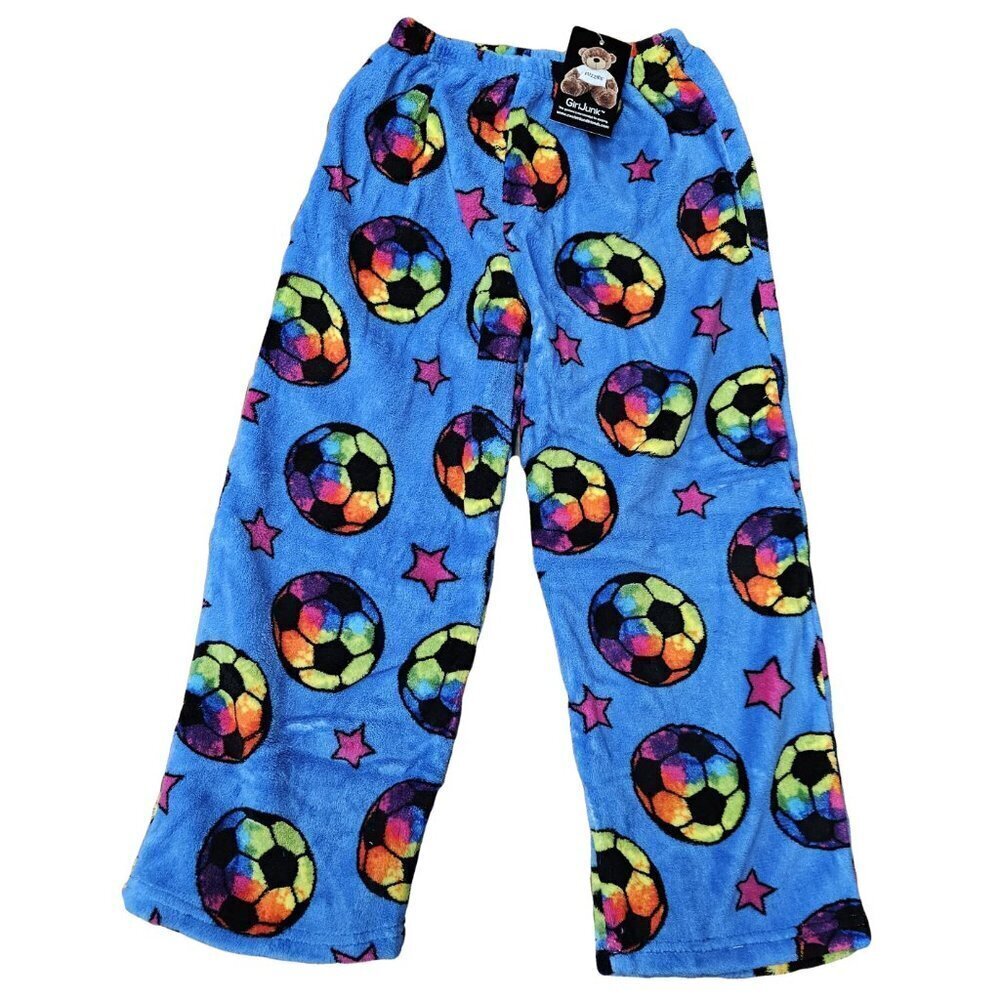 Girls Boys Pajama Pants Kids PJ Plush Fleece Sleep Wear Soccer Stars Fuzzy, 5/6